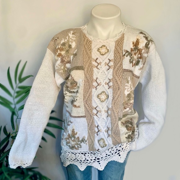 v i n t a g e ::  Oversized Floral Embroidered Cable Knit Granny Sweater - Picture 1 of 12